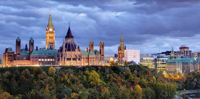 Parliament Hill in Ottawa at dusk